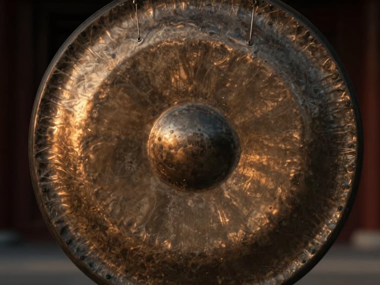 Close-up of a large, heavy bronze planetary gong reflecting soft golden-hour light, shallow depth of field, rich earthy tones.