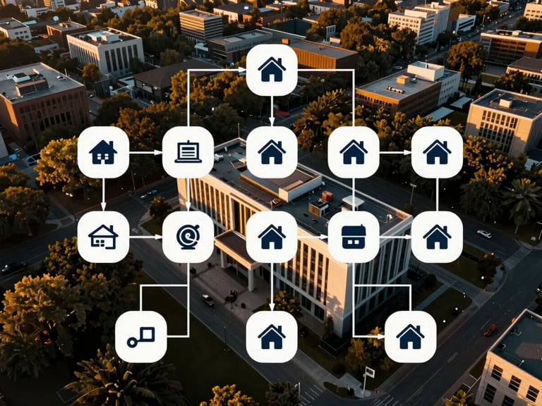 Flowchart diagram of a digital marketing sales funnel with real estate icons, clean modern UI, deep contrast