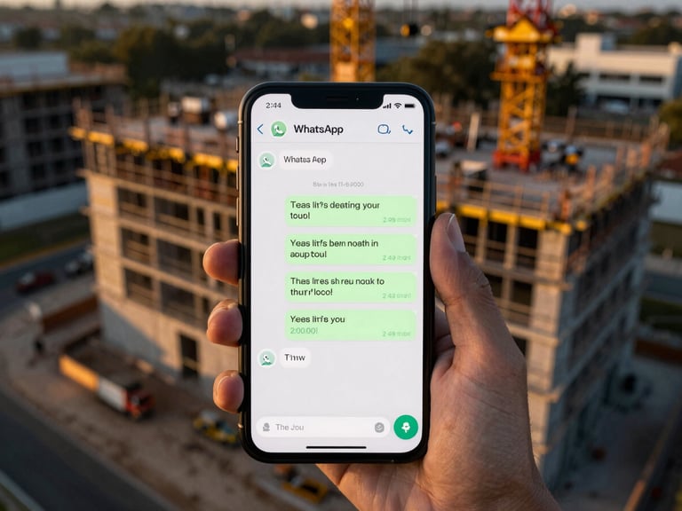 Mobile screen displaying a WhatsApp chat with automated lead nurturing messages, blurred background of a construction site, focused close-up