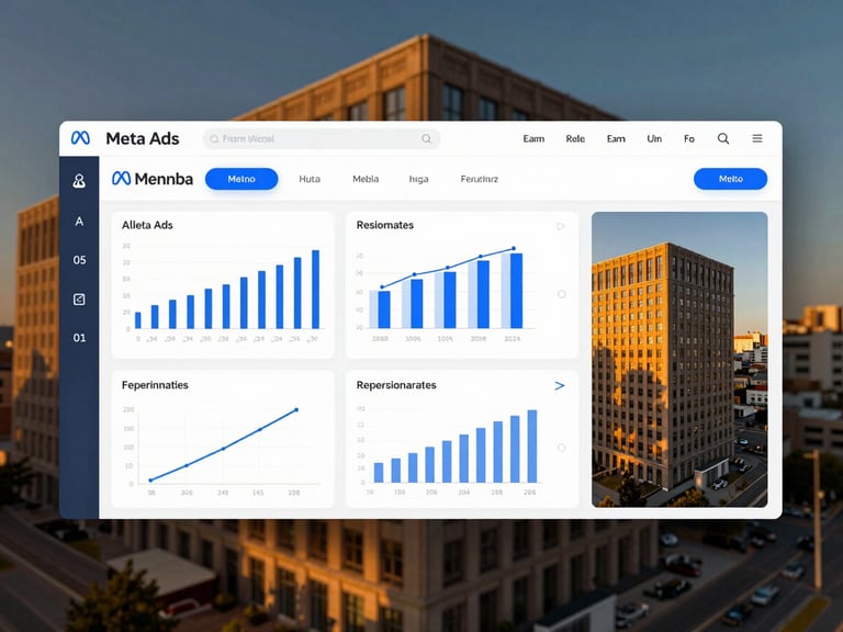 Detailed analytics dashboard showing Meta Ads performance for a real estate campaign, charts and graphs, crisp studio lighting