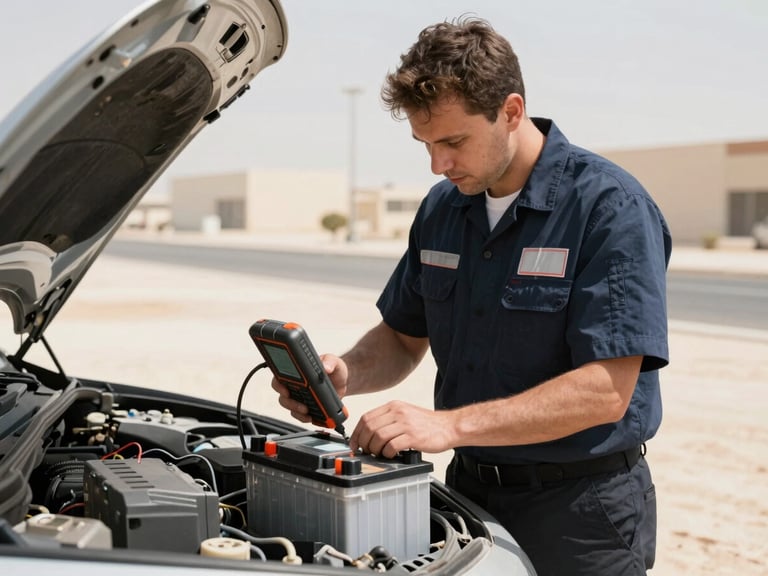 A certified technician in a clean uniform using a digital diagnostic tester on a car battery under the bright Dubai sun