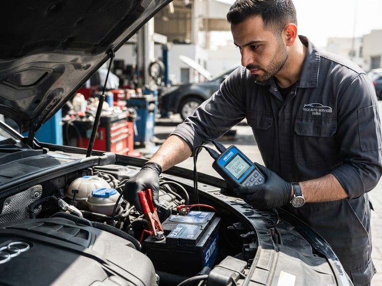 Action close-up of a professional technician in a clean uniform using a digital battery tester under the open hood of a car, bright midday Dubai sun, high-contrast industrial tones, sharp focus, 35mm lens.
