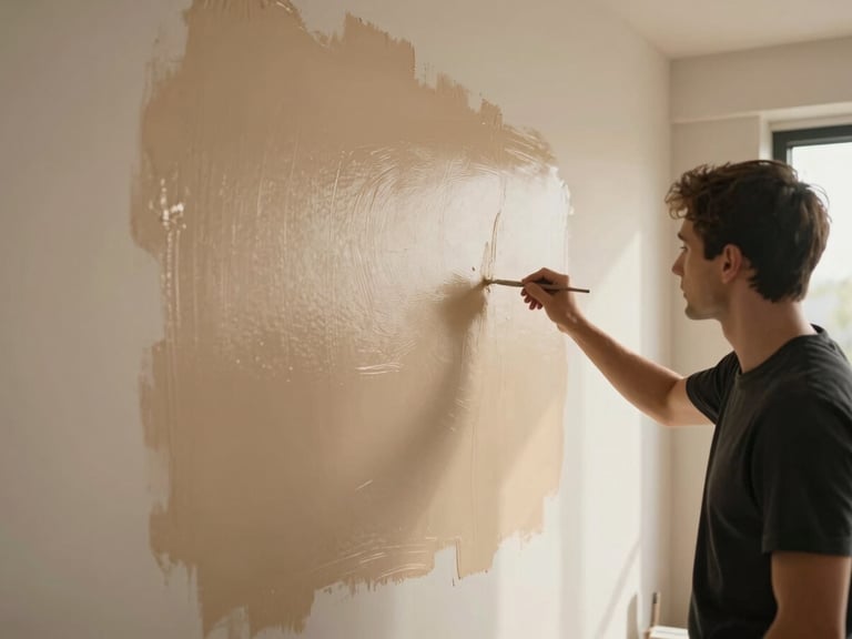 Cinematic video loop of a professional painter applying a flawless coat of warm champagne paint to a minimalist apartment wall, precise lines, soft natural light