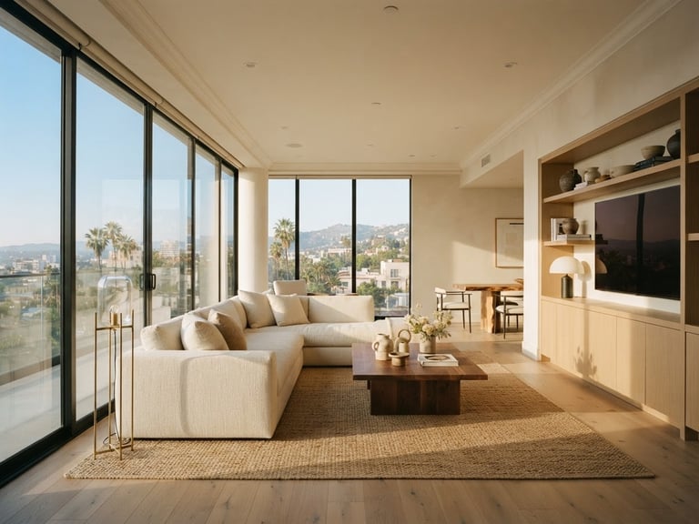 Cinematic slow panning video of a luxury modern apartment living room, warm California sunlight streaming through floor-to-ceiling windows, flawless neutral finishes, 35mm lens