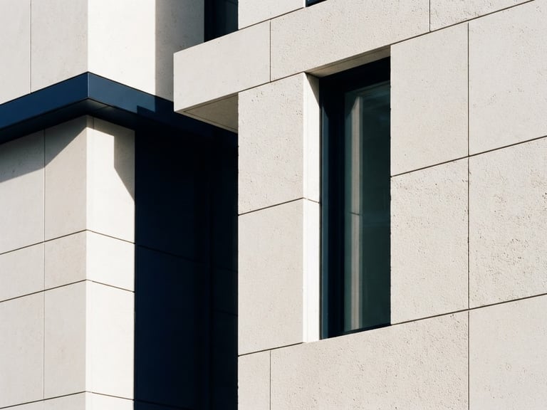 Minimalist architectural crop of a modern stone facade, clean geometric lines, soft morning window light, deep navy shadows, off-white textures, 35mm lens.
