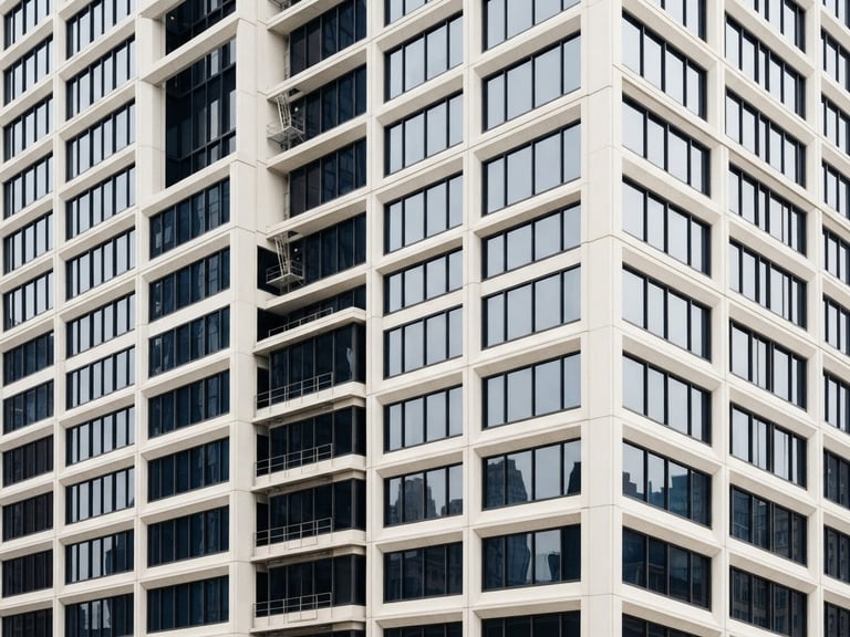 Minimalist architectural photography of a modern corporate skyscraper facade, sharp clean lines, deep navy shadows, soft natural window light, elegant off-white concrete, 35mm lens.