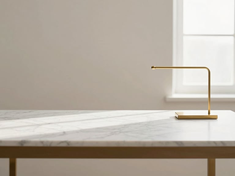 Minimalist desk setup with premium marble and brass materials under soft natural light, warm off-white tones, clean composition, 35mm lens