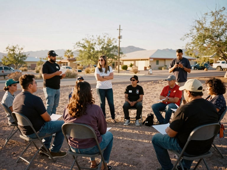 A warm documentary photograph of community leaders planning an initiative in North Las Vegas, natural golden-hour daylight, 35mm film look