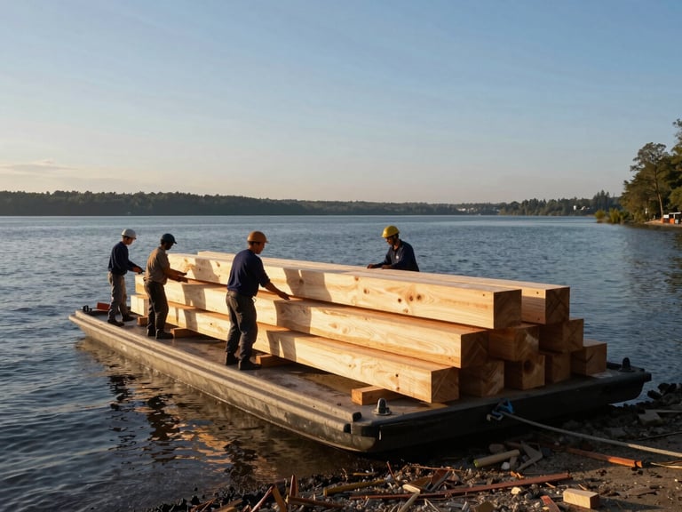 Construction crew offloading large timber beams from a barge onto an island shoreline, focused on safe handling, crisp morning sun.