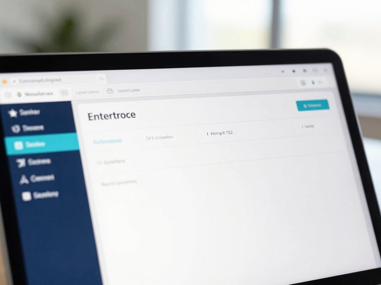 Clean close-up of a modern enterprise software interface on a tablet screen, bright natural office daylight, professional navy tones