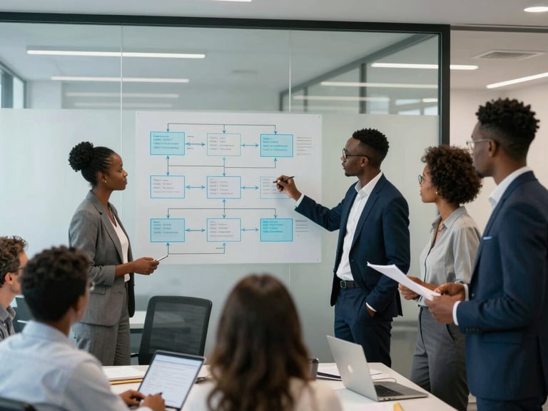 A collaborative workshop in a modern African corporate office, diverse professionals analyzing data flowcharts on a glass wall, soft cool-toned ambient light