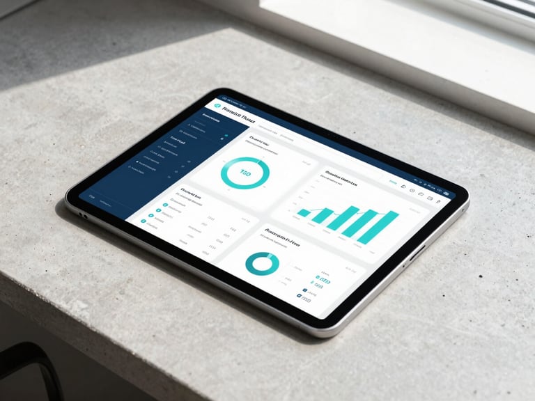 A high-angle shot of a modern tablet displaying data visualization dashboards, resting on a clean concrete office desk, bright natural daylight, cyan tones.