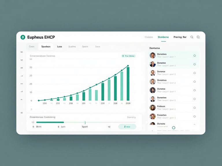 Clean, high-fidelity UI mockup of the Eupheus EHCP evidence dashboard on a soft slate background, showing structured student milestone charts and automated observation logs.