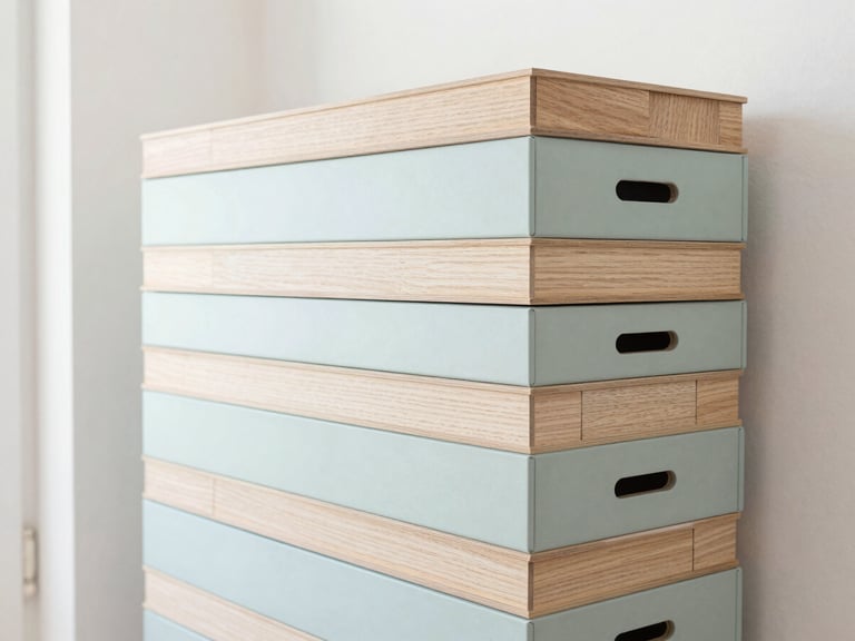 A stack of neatly packed flat-pack furniture boxes in a bright, modern entryway, soft diffused daylight, pastel and light wood tones, clean modern styling, 35mm lens