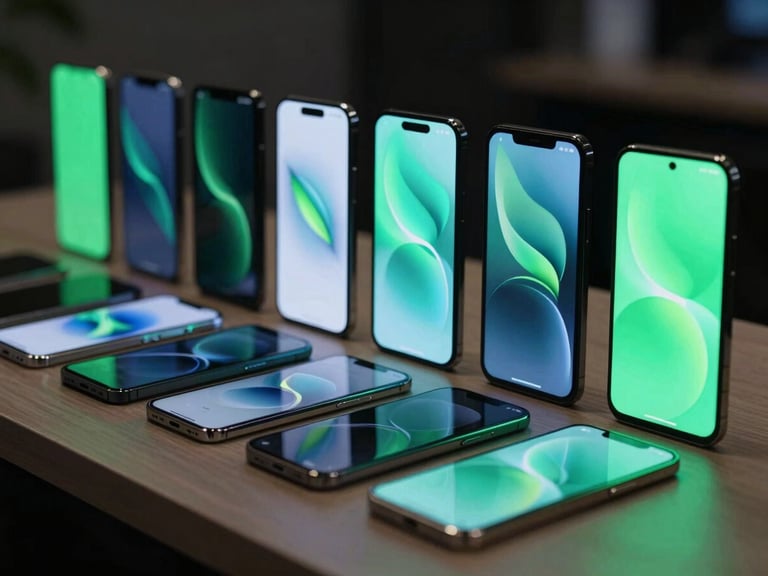 A row of diverse physical Android smartphones on a test bench, screens glowing with fluid UI animations under low-key ambient light, electric green accents