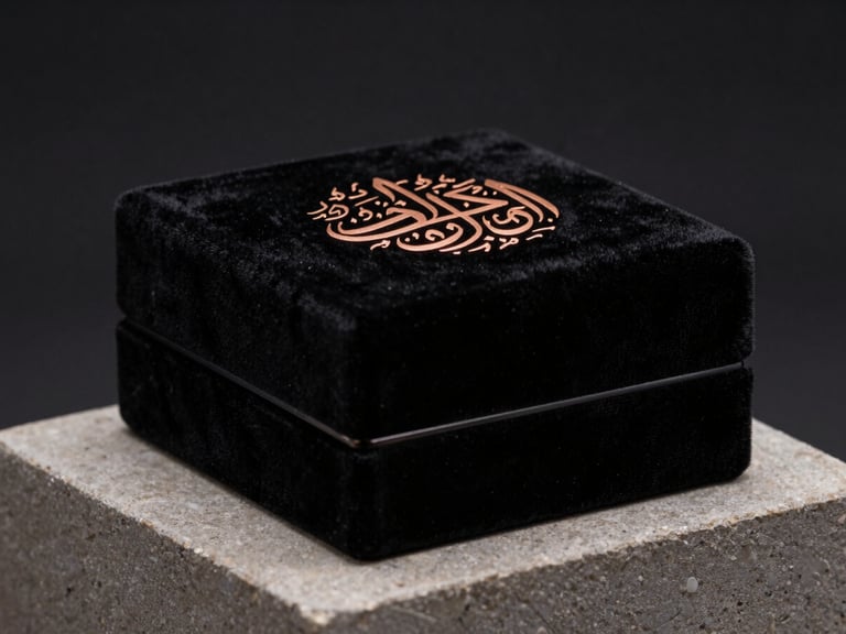 Macro shot of a luxury perfume box, matte black velvet texture, embossed hot-copper gold foil Arabic calligraphy, sharp side lighting, minimalist stone pedestal, dark background