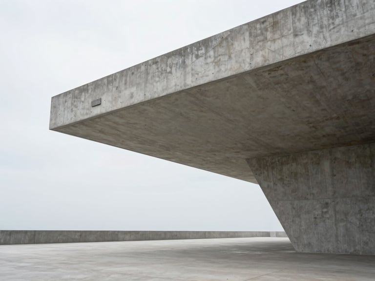 Structured architectural detail of a concrete pavilion with sharp geometric lines, soft diffused overcast daylight, expansive negative space.