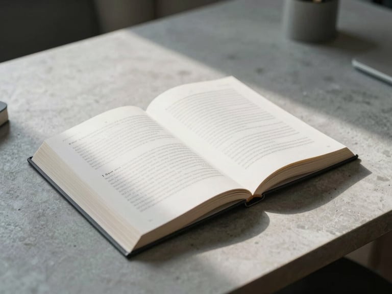 A serene, uncrowded workspace with a single open editorial book on a light gray stone table, soft cool shadows, overcast daylight.