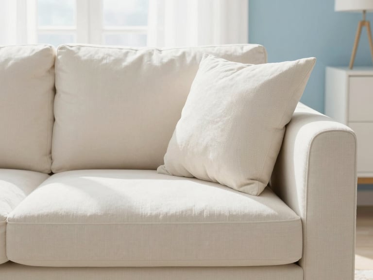 Bright editorial photography of a beautifully cleaned cream-colored sofa in a sunlit living room, soft natural daylight, minimalist and airy space, 35mm lens
