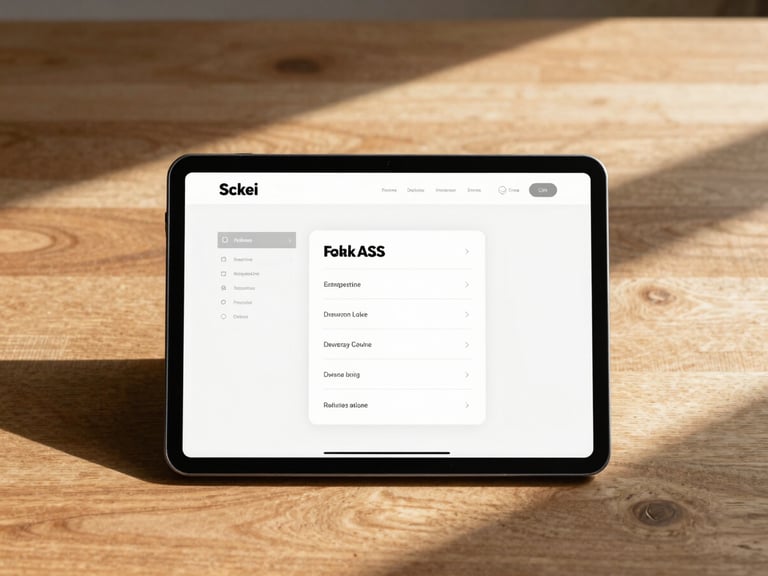 Straight-on desktop mockup in soft morning light, a warm-toned wooden table holding a tablet displaying a clean minimalist website wireframe, soft organic shadows.