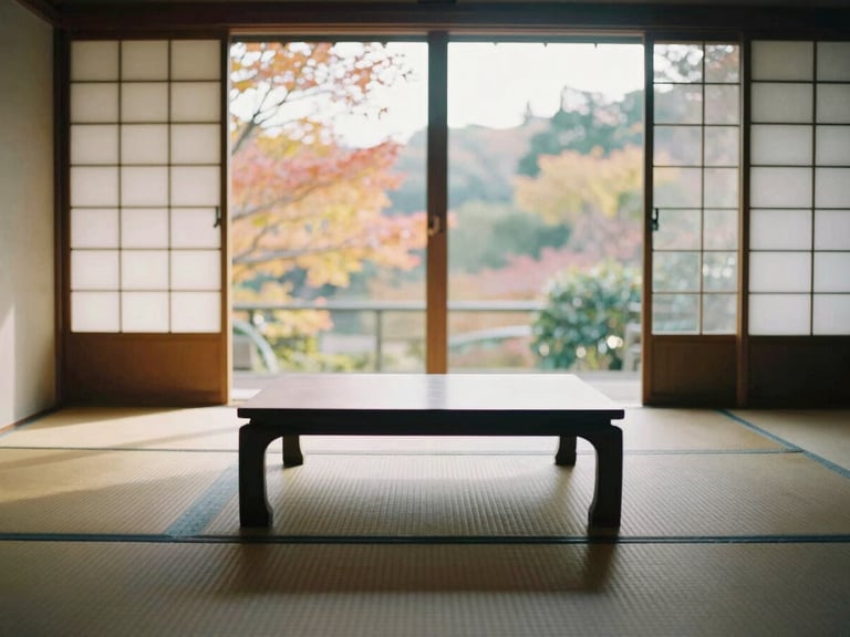 Wide environmental shot of a traditional Japanese tatami room with modern low tables, large windows showing autumn foliage, soft golden hour light, 35mm film look