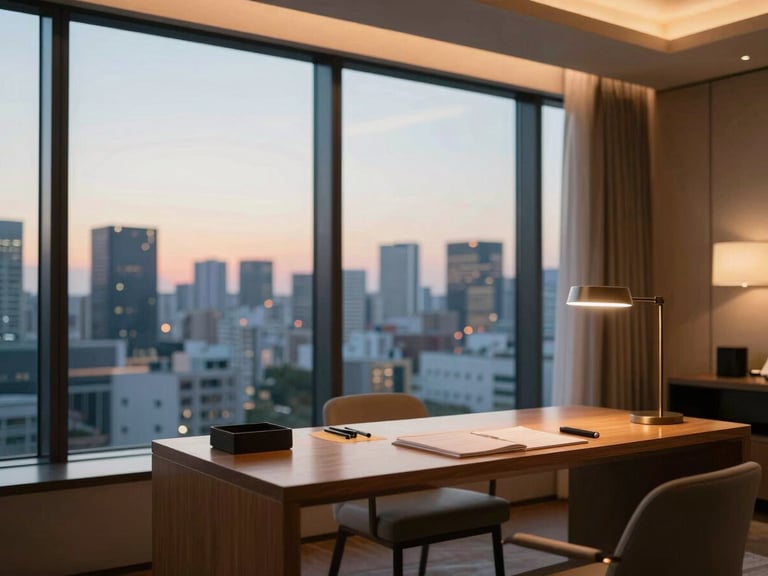 A modern luxury hotel room in Tokyo with a sleek wooden desk overlooking the city skyline at dusk, warm ambient lighting, elegant interior