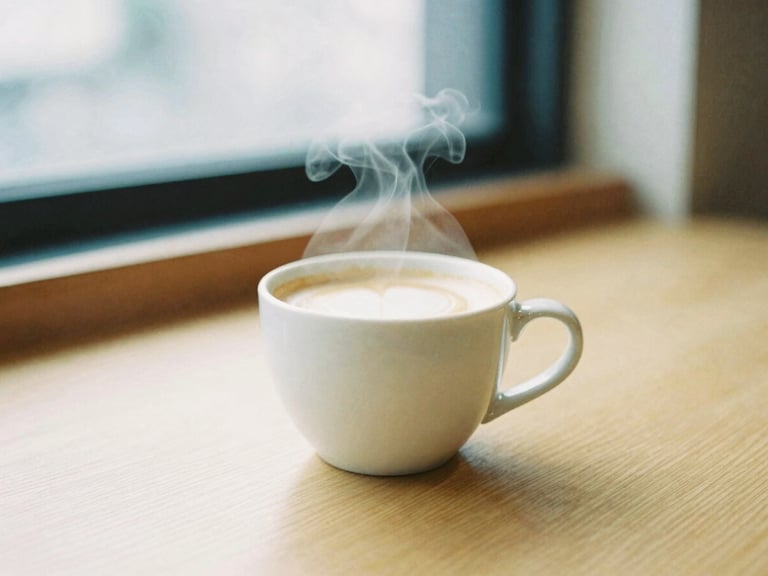 Steaming flat white coffee cup on a minimalist wooden table in a Tokyo cafe, soft morning light filtering through a window, shallow depth of field, warm tones