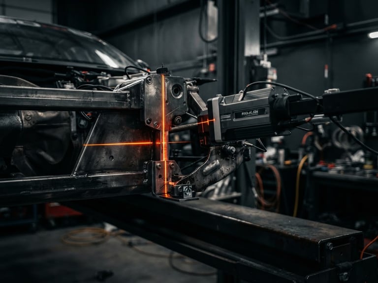 Close-up of a laser alignment system measuring a car chassis in a clean, dark industrial workshop, high-contrast orange alignment line, 50mm lens