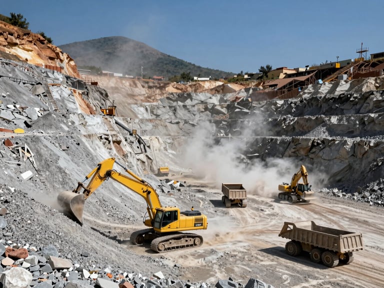 Wide high-contrast daylight shot of a massive gravel quarry in Mexico, heavy yellow excavators loading dump trucks, dust rising in the sun, industrial scale.