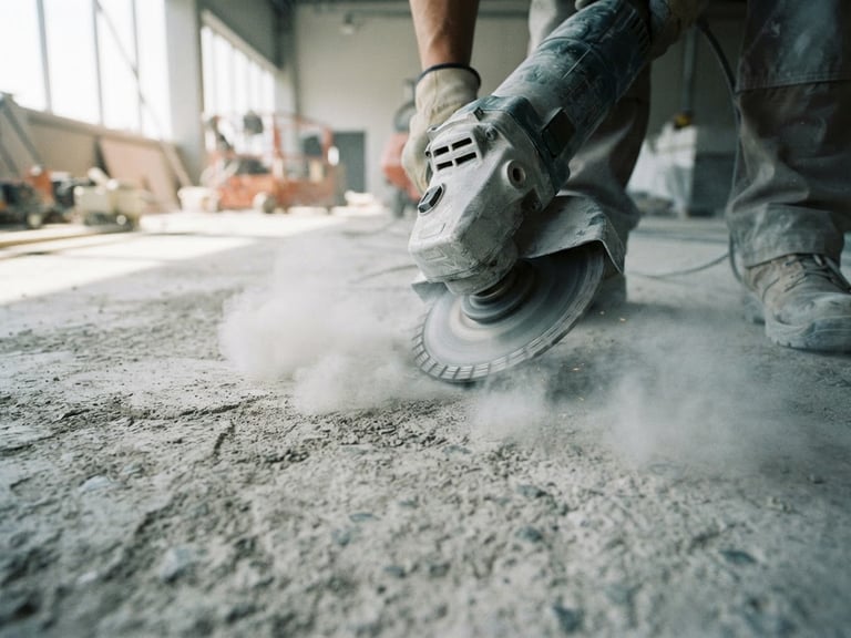 Sharp industrial close-up of active concrete grinding, bright natural daylight, high-contrast concrete dust, cool grey tones, 35mm lens.