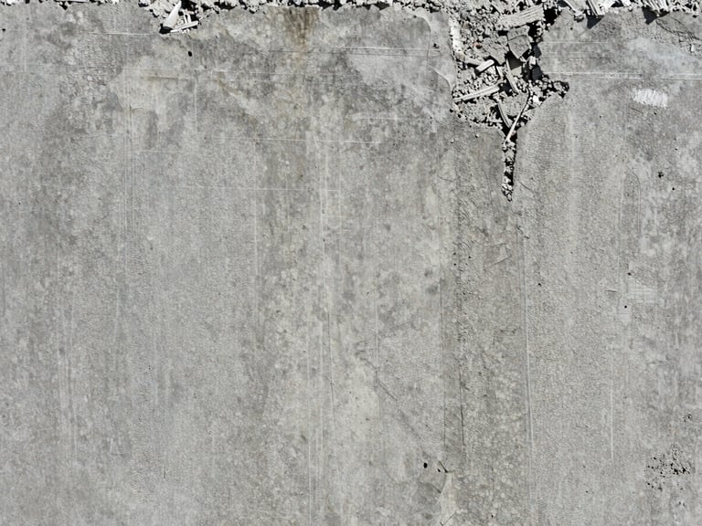 Macro texture of structural concrete cancer remediation, exposed steel reinforcement rebar, high-contrast concrete textures, cool grey tones.