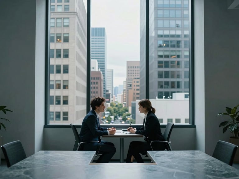 A professional consultation in a sunlit Seattle office overlooking downtown buildings, clean architectural lines, cool slate tones, 35mm lens