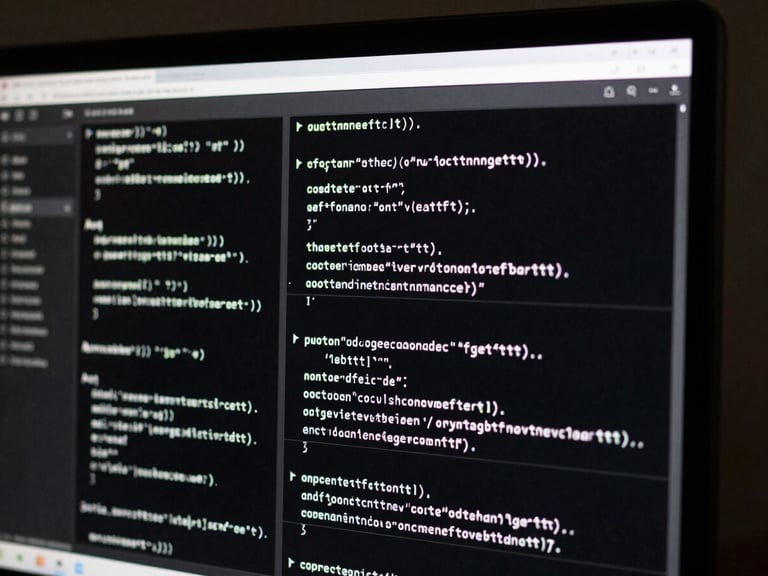 High-resolution screen capture of a minimalist interactive web interface, showing glowing monospace code lines overlaid on a high-contrast black-and-white editorial grid layout, sharp screen-glare reflections, dark background.
