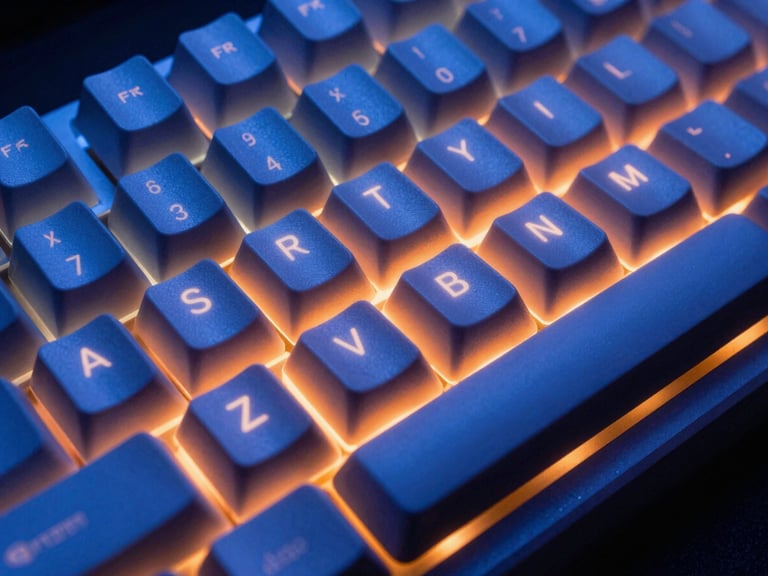 Extreme close-up of a professional mechanical keyboard under intense electric blue and neon orange ambient LED glow, sharp focus on keycaps, high-contrast esports photography, 35mm