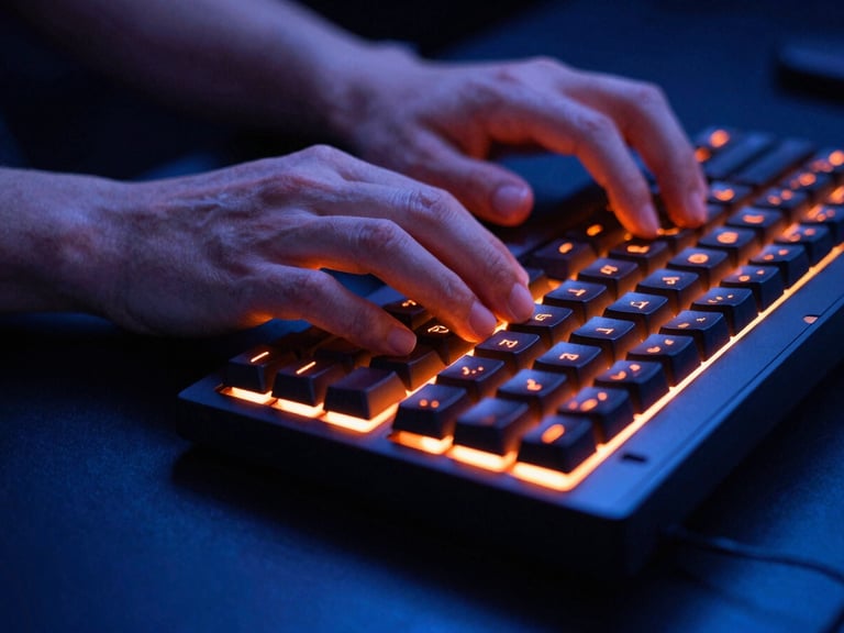 Extreme close-up of a professional gamer's hands on a mechanical keyboard with glowing neon orange keycaps, cool blue ambient LED light reflecting on the desk, sharp focus, 35mm