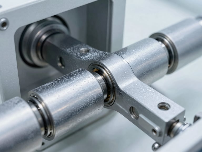 Tight macro shot of a pneumatic actuator linkage inside a climate testing chamber, frost visible on steel surfaces, crisp studio lighting, sharp focus, 35mm