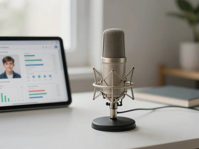 A clean, modern workspace with a high-end podcast microphone, a tablet displaying student analytics graphs, soft overcast daylight, muted neutral tones with gold undertones, 35mm lens.