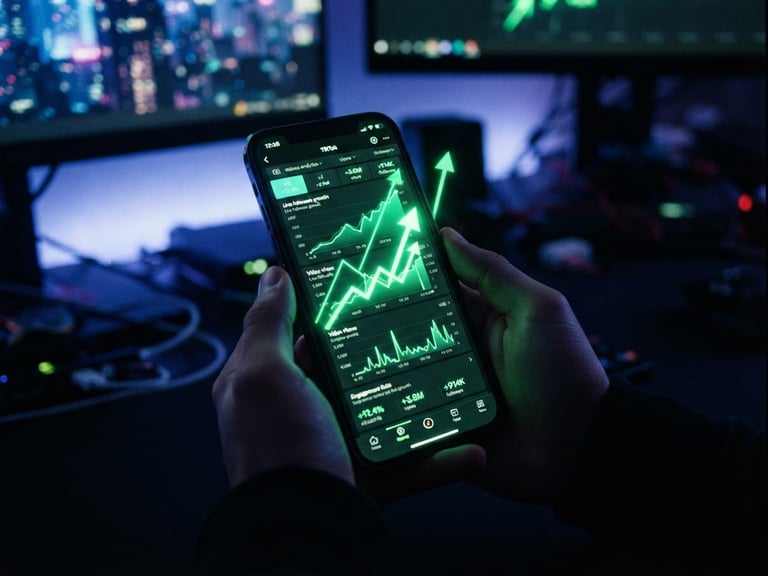 Moody tech photography of a glowing smartphone screen displaying a live TikTok analytics dashboard with green upward trend lines, dark ambient background, neon reflections, sharp focus, 35mm
