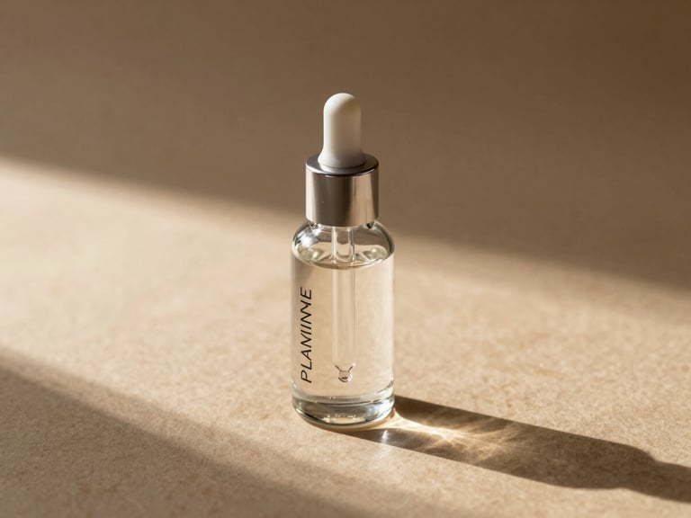 Minimalist product shot of a clear glass Plamine bottle with a silver dropper, reflecting soft morning light on a warm washi paper surface
