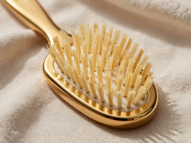Close-up of elegant gold-plated S Heart S scalp brush bristles resting on a textured linen cloth, soft shadows, warm editorial feel
