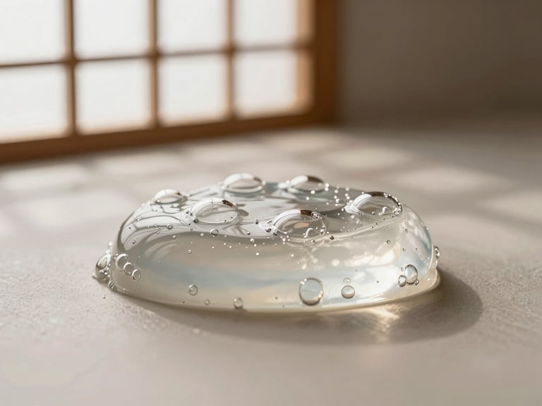 Macro shot of effervescent carbonated gel mask with micro-bubbles on a smooth surface, soft shoji screen shadows, serene composition