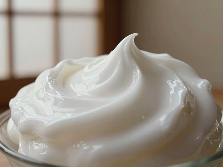 Macro close-up of luxurious, silky white cream texture with soft reflections on a warm neutral background, diffused natural light mimicking shoji screens