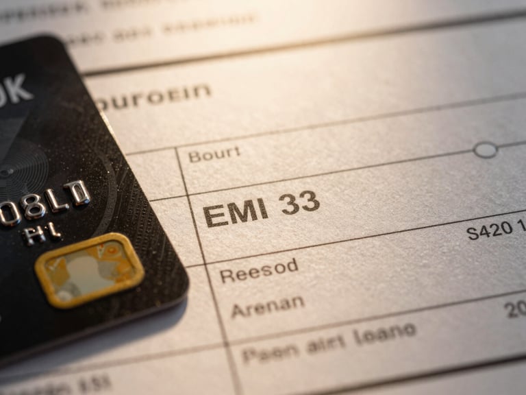 Close-up of a financial statement or bank passbook with 'EMI' highlighted, a credit card visible, reflecting golden hour light, sharp details
