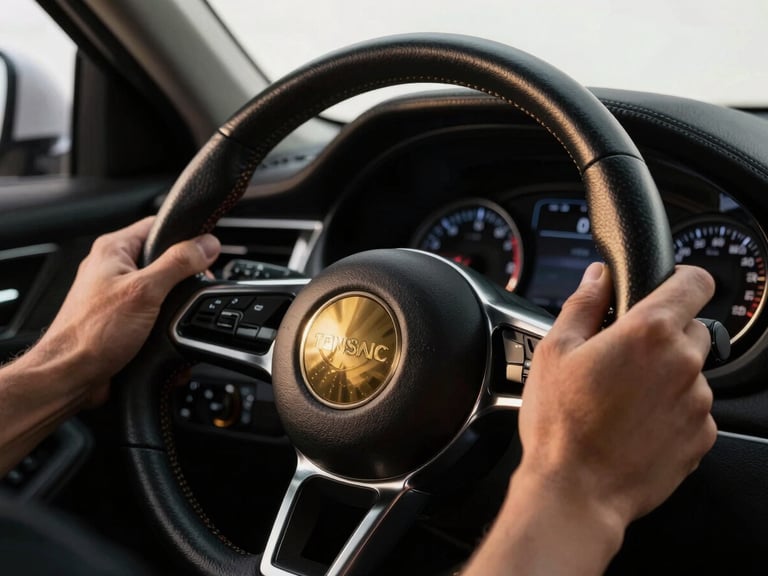 Close-up of a professional driver's hands on a gleaming steering wheel, a fuel gauge in the background, high-contrast studio lighting, deep black and metallic gold tones