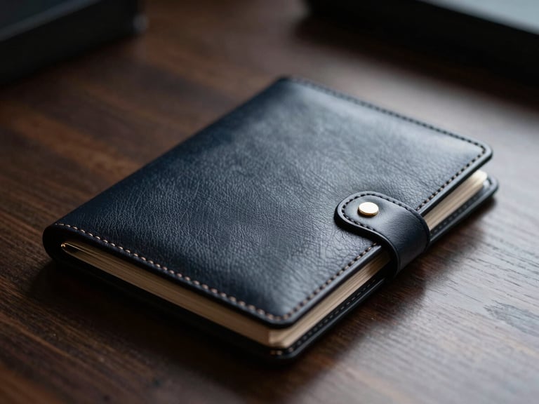 A close-up of a refined executive detail, a structured leather portfolio on a dark wood table, moody side-lighting, shallow depth of field.