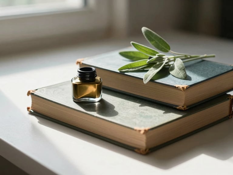 A quiet environmental shot of a serene workspace flooded with soft, filtered morning light, featuring vintage books, a brass inkwell, and fresh sage leaves.