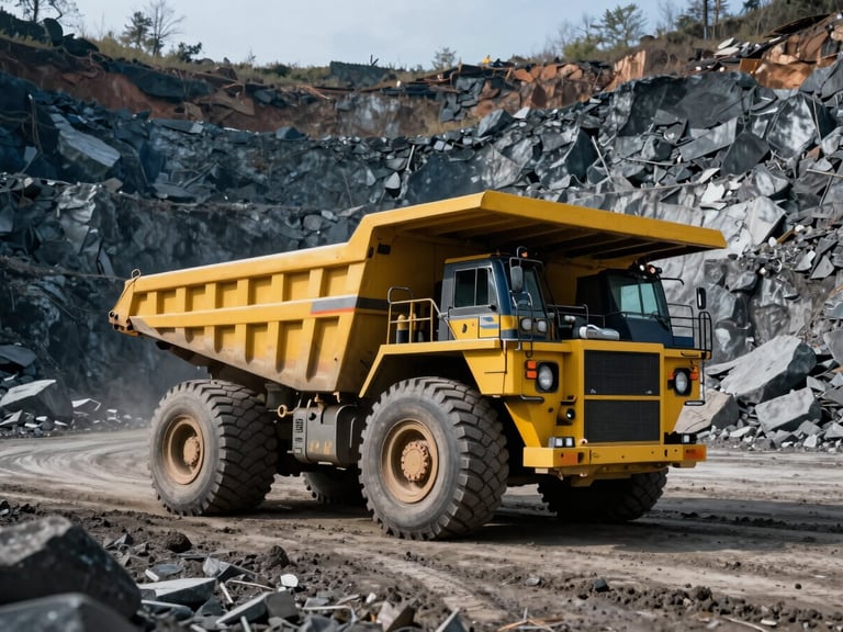 A massive yellow mining dump truck operating in a deep stone quarry, muddy ground, dramatic natural daylight, wide-angle action shot