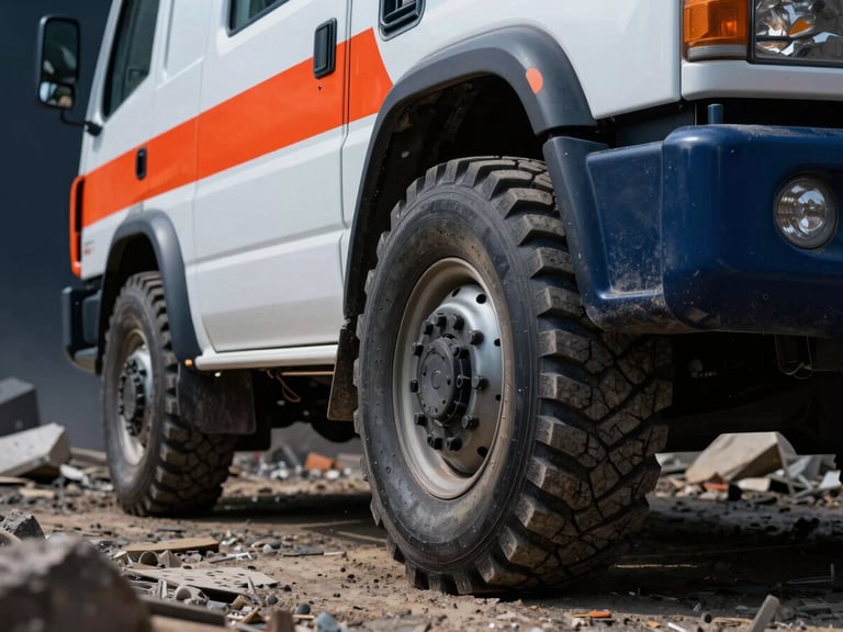 An emergency response vehicle navigating a debris-strewn disaster zone, high-contrast dramatic lighting, sharp focus on reinforced tire treads