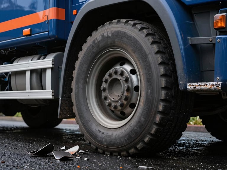 Close-up of a heavy commercial delivery truck tire driving over metal debris on wet asphalt, dramatic industrial lighting, high-contrast, 35mm lens
