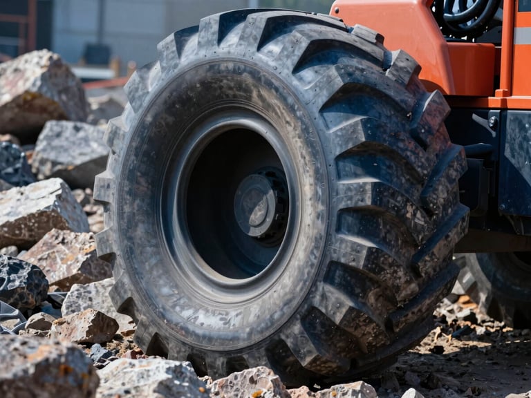 Close-up of a heavy industrial tire rolling over sharp jagged rocks on a construction site, dramatic natural daylight highlighting the thick, reinforced sidewall